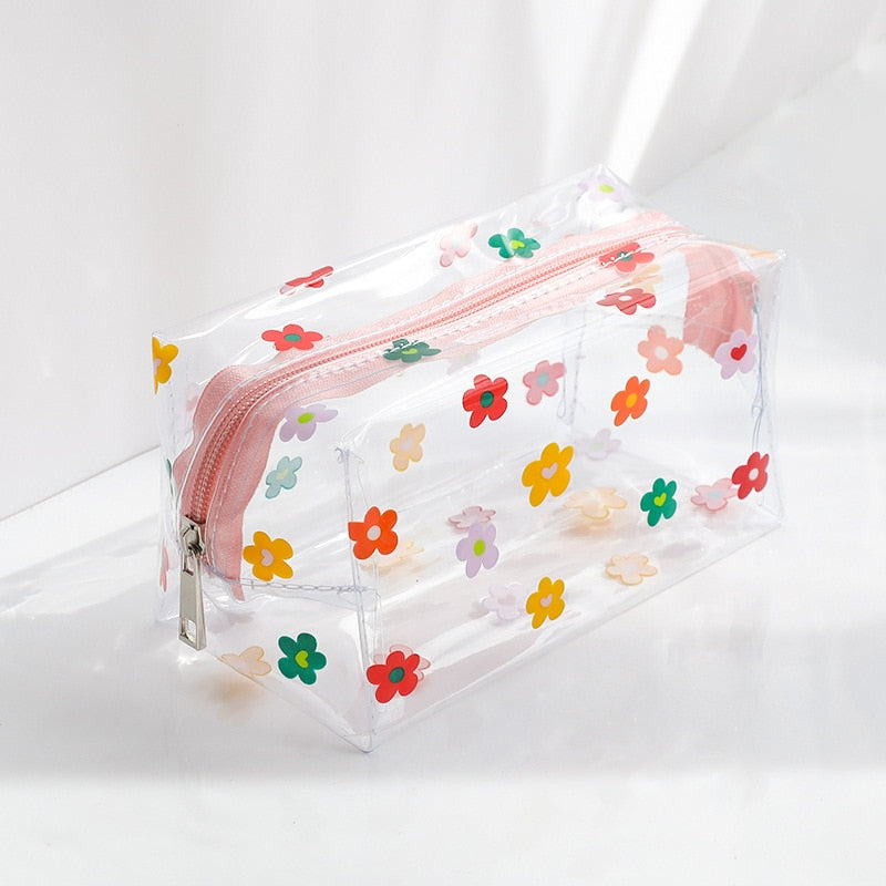 Realaiot Clear Makeup Bag Fashion Transparent Travel Portable Mini Wash Storage Bags Strawberry Flower Print Women Zipper Cosmetic Bag