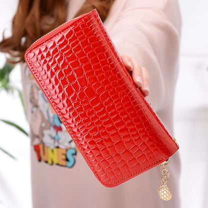 Realaiot Female Long Purse Fashion Bright Lacquered Coin Handbag Solid Color Double Zipper Larger Capacity Card Stone Pattern Long Wallet