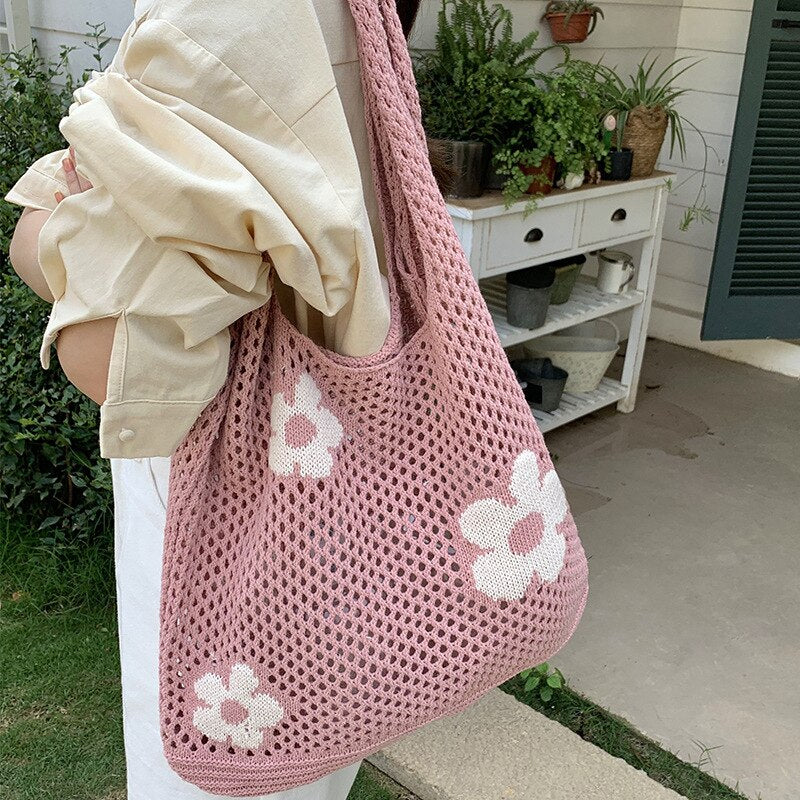 Realaiot Ins Fashion Sweet Flower Knitted Hollow Tote Bag Large Capacity Shopping Bag Ladies Simple Retro Shoulder Bag Handbag for Women