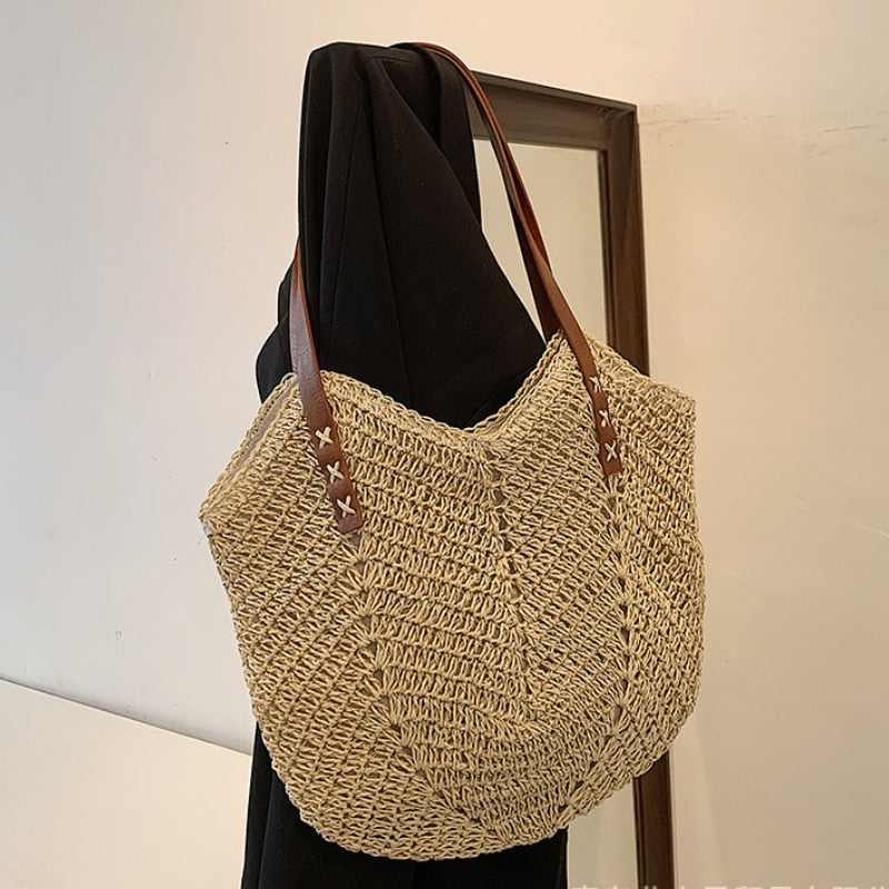 Realaiot Weave Tote Bag Female Bohemian Shoulder Bags for Women Summer Beach Straw Handbags and Purses Lady Travel Shopping Bags