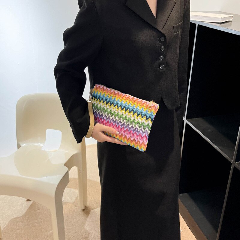 Realaiot Colorful Wave Straw Woven Bag Women's Flip Clutch Bag Summer Beach Handbag Hand-woven Bag Mobile Phone Bag Female Purse Wallet
