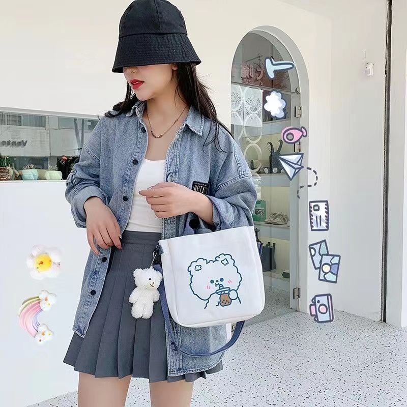 Realaiot Fashion Women Canvas Zipper Bag Cartoon Bear Print Student Tote Shoulder Messenger Bag Satchel Travel Purse Handbag New