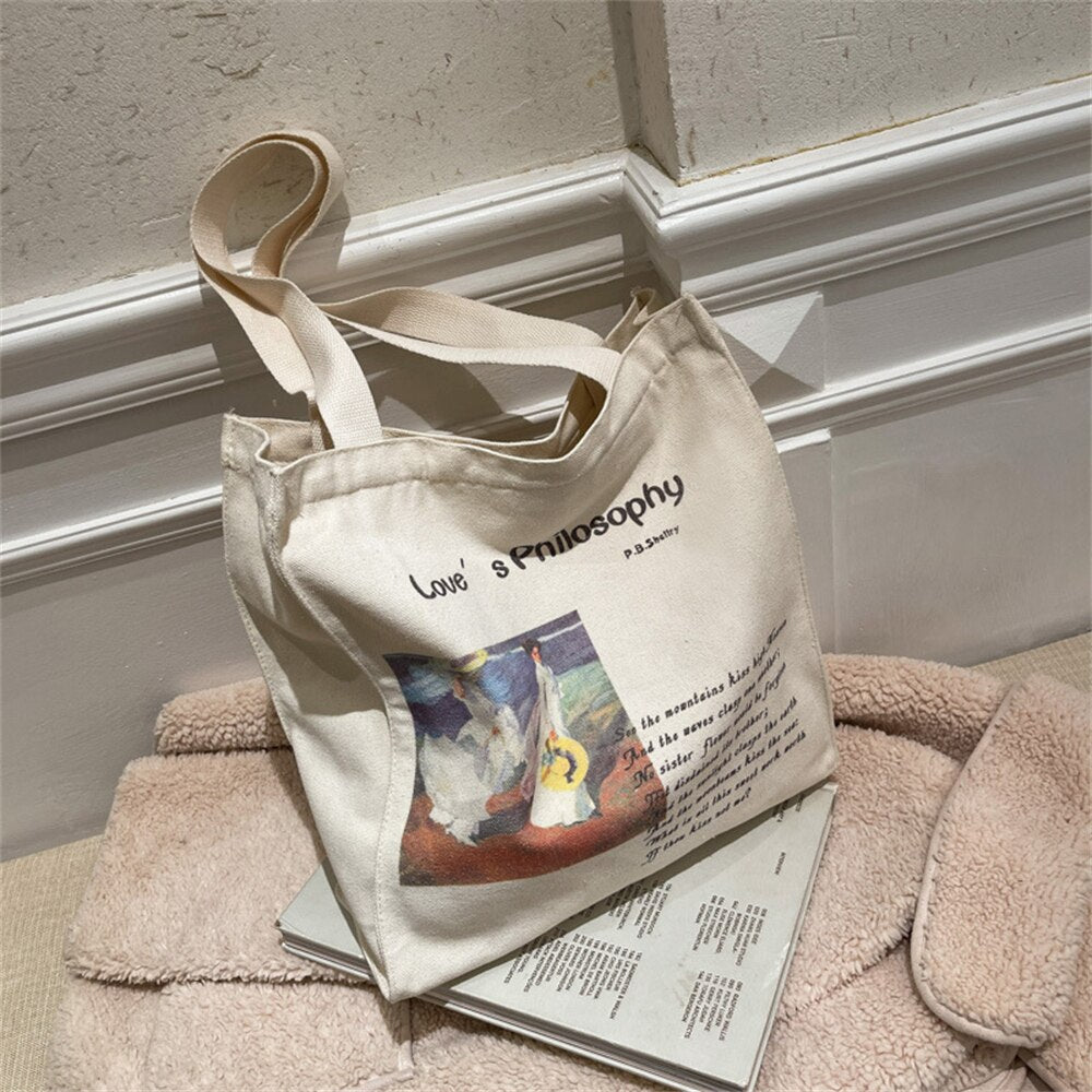 Cyflymder Retro Literary Art Canvas Bag Blue Letter Handbag Van Gogh Large Capacity Shopping Bag Women's Eco-Friendly Foldable Tote Bag