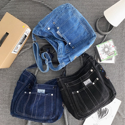 Realaiot High Quality Canvas Women'S Shoulder Bag Unisex Denim Blue School Student Shoulder Bag  Casual Messenger Bag Crossbody Bag