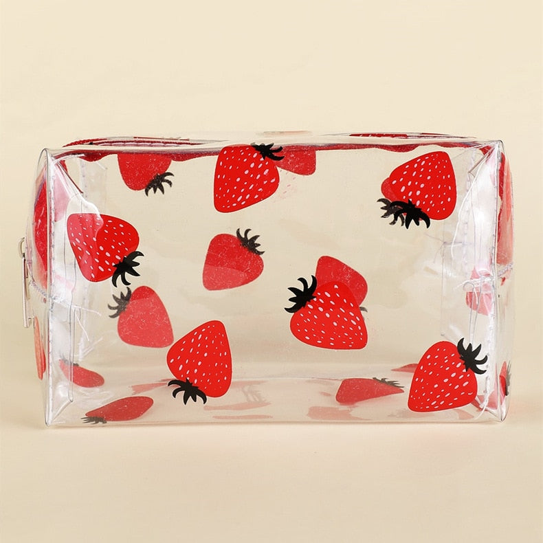 Realaiot Clear Makeup Bag Fashion Transparent Travel Portable Mini Wash Storage Bags Strawberry Flower Print Women Zipper Cosmetic Bag