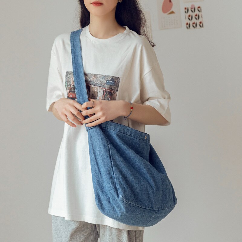 Realaiot Korean Denim Women Shoulder Satchels Female Student Messenger Bags Large Fashion Crossbody Bag Cotton Cloth Handbags Shoppers