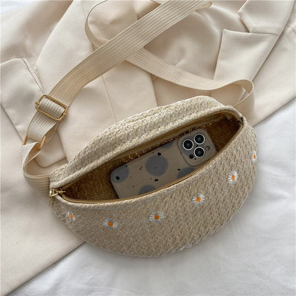 Realaiot Straw Bag Beach Women Waist Bag Purse Casual Large Daisy Flower Bag Pouch Travel Phone Bag Fanny Pack Banana Bag Cross Body Bag