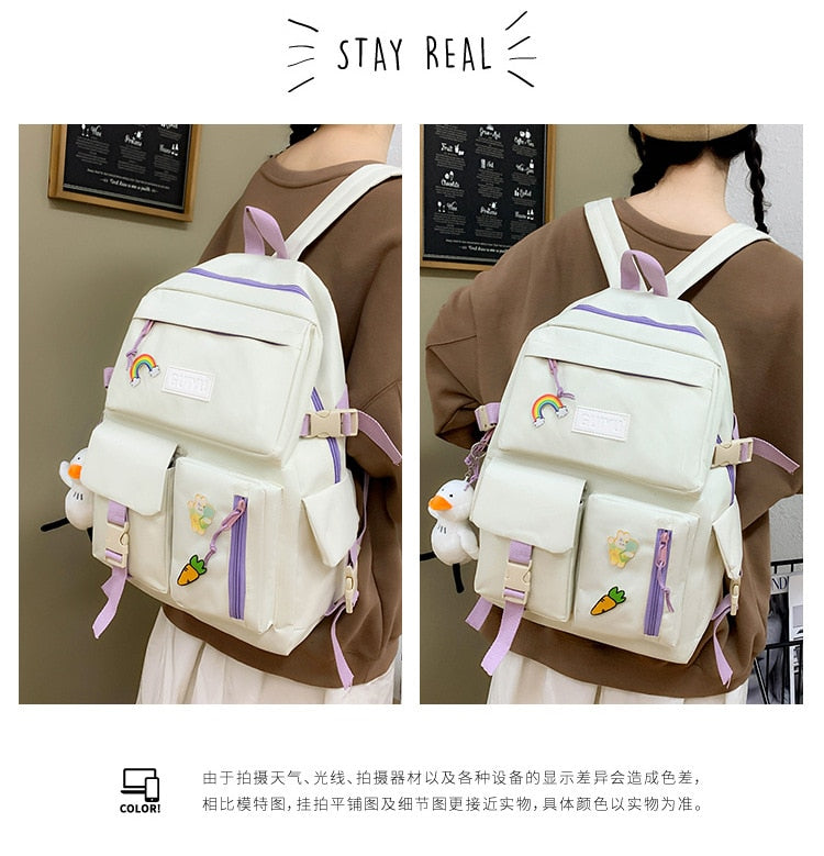 Realaiot 4pcs Set Harajuku Women's Backpack Waterproof Canvas School Bags Large Capacity Student Backpack Bookbag Pure Color Mochila Tote