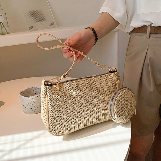 Realaiot 2 pcs/set Straw Rattan Woven Shoulder Bag Fashion Travel Clutch Handbag Summer Beach Simple Designer Shopping Totes for Women