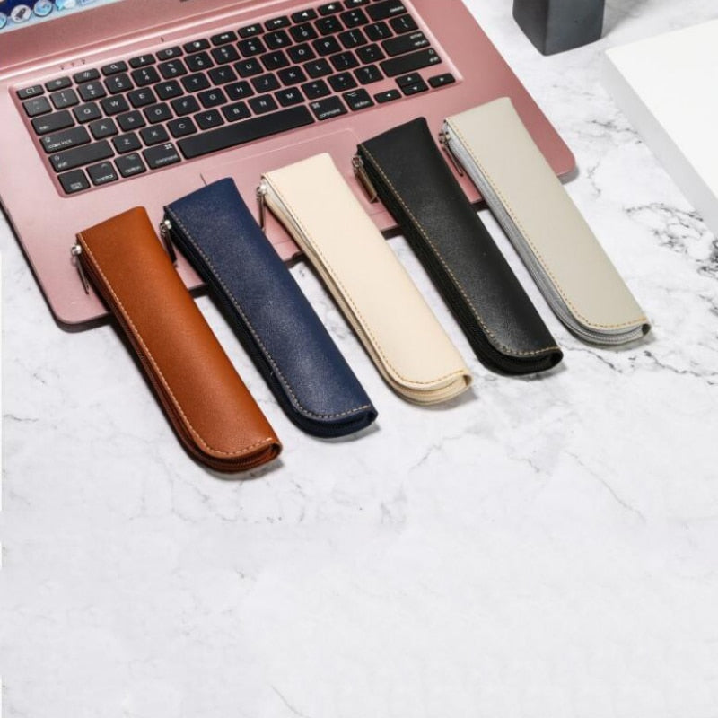 Realaiot Simple Pen Sleeve PU Leather Mini Small Pen Bag Zipper Pencil Pouch Stationery Fountain Pen Holder Case Student School Supplies