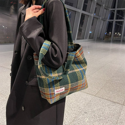 Realaiot Tote Women's Bag Shoulder Wool Shopper Bags For Women Large Capacity Autumn Winter New Soft Plaid Ladies Travel Designer Handbag