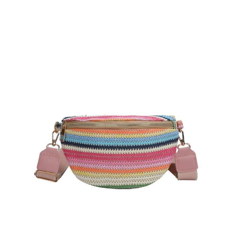 Realaiot Colourful Stripe Straw Braid Waist Packs For Women Woven Design Waist Bag Lady Casual Travel Fanny Pack Wide Strap Crossbody Bag