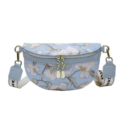 Realaiot Elegant Flower Printed PU Leather Waist Bags For Women Chain Zipper Waist Pack Female Fanny Pack Wide Strap Crossbody Chest Bag