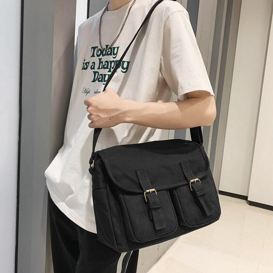 Realaiot Casual Canvas Women Shoulder Bags Female School Messenger Bags Multi Pocket Flap Buckle Unisex College Student Crossbody Bookbag