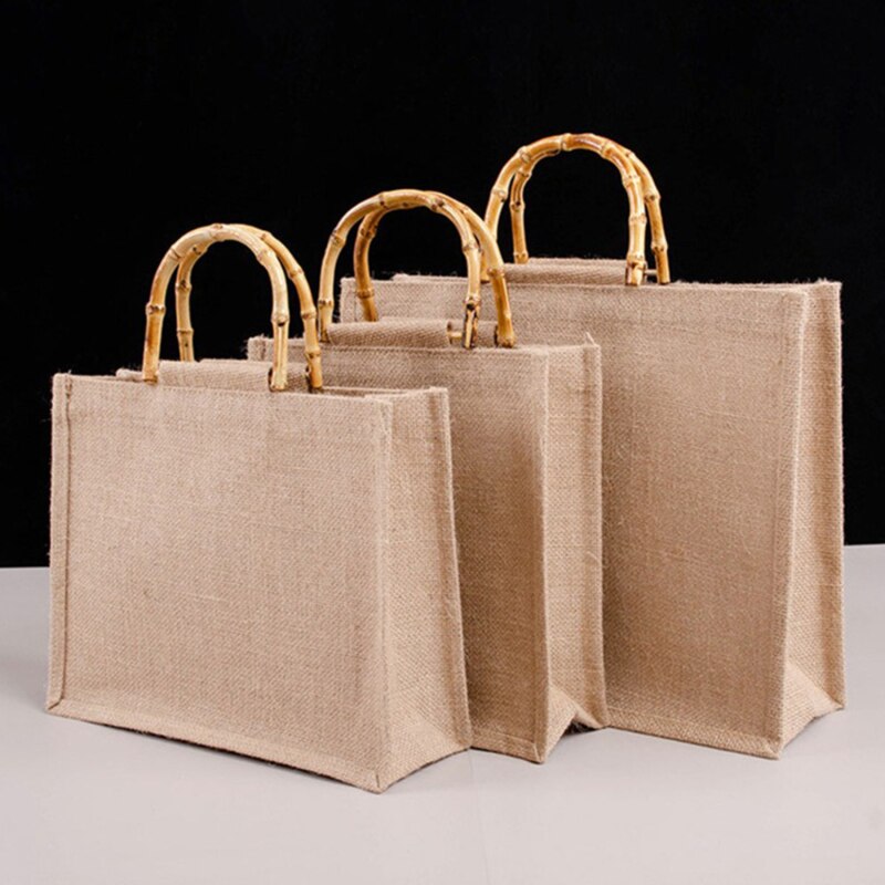 Cyflymder Portable Burlap Jute Shopping Bag Handbag Bamboo Loop Handles Tote Retro DIY Bag Handbag Women Big Size Beach Bag For Girls