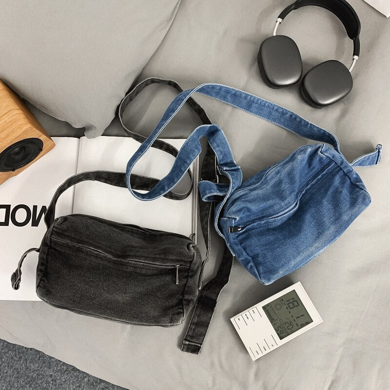 Realaiot Simple Solid Women Canvas Bag Female Washed Denim Shoulder Bag Girl Boy Leisure Crossbody Bag College Student Travel Handbag