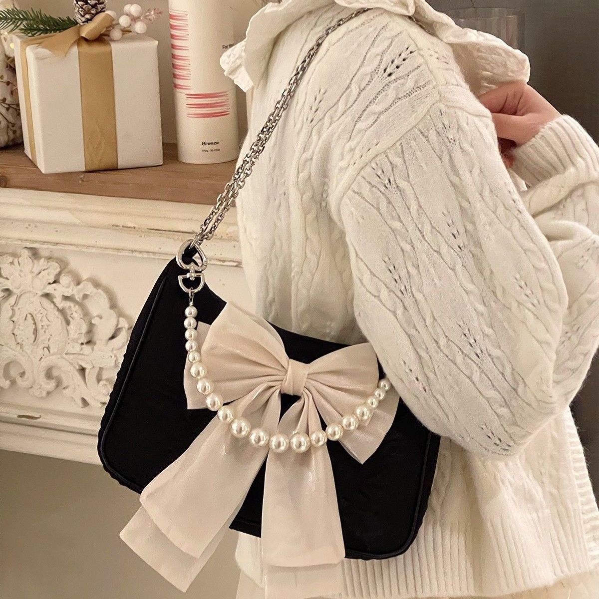 Realaiot Vintage Bowknot Women Underarm Bags Faux Pearl Chain Ladies Shoulder Crossbody Bag Female Soft Nylon Purse Small Tote Handbags