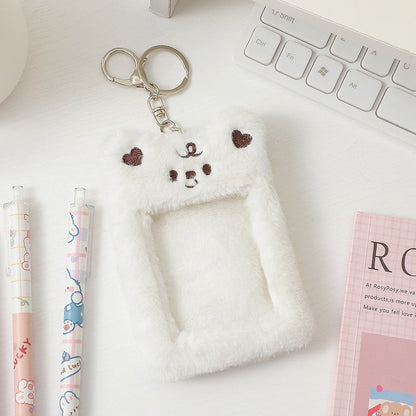 Realaiot Korea Cute Bear Rabbit Plush Photocard Holder Kawaii Kpop Idol Photo Sleeve Case ID Card Cover With Keychain Bag Pendant Decor