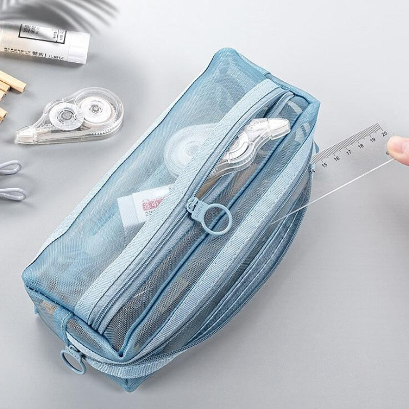 Realaiot Transparent Mesh Pencil Bag Large Capacity Stationery Holder Round Zipper Pencil Pouch Pen Case Students School Supplies