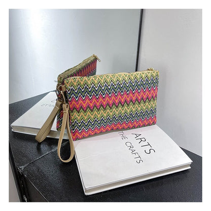 Realaiot Colorful Wave Straw Woven Bag Women's Flip Clutch Bag Summer Beach Handbag Hand-woven Bag Mobile Phone Bag Female Purse Wallet