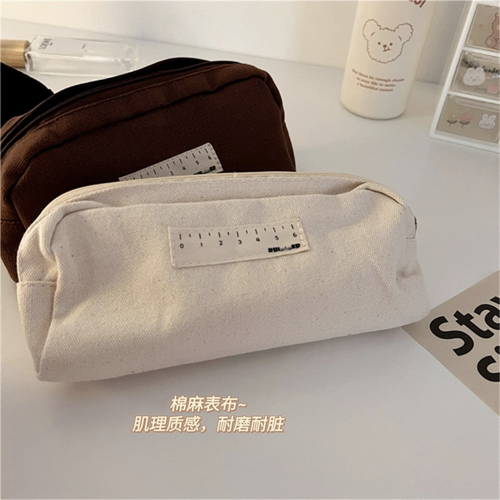 Realaiot Japanese Ins Style Black And Beige Cosmetic Pencil Case Korea Junior High School Canvas Writing Pencilcase Pen Bag For Girls