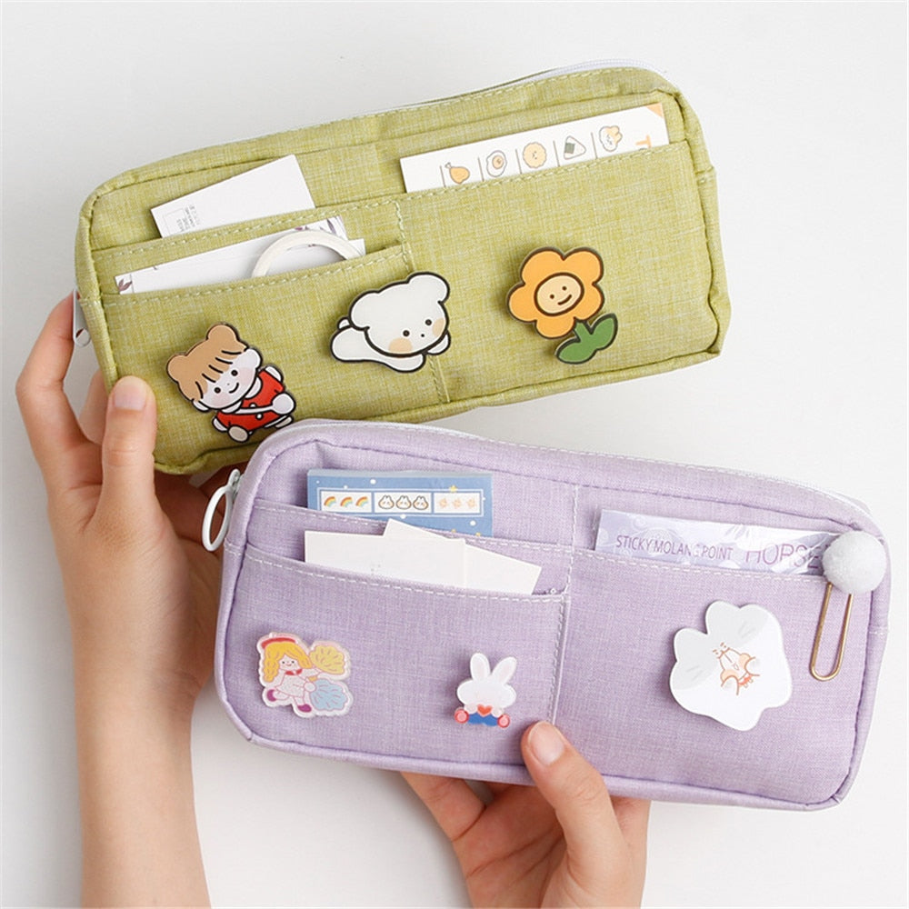 Realaiot Kawaii Pencil Case Candy Color Pencil Bag with Badges Large Capacity Pen Case Canvas Stationery Holder Organizer Back To School