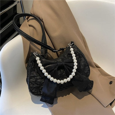 Realaiot Fashion Pearl Chains Design Female Shoulder Messenger Bag Sweet Bow Ladies Crossbody Bags Flower Pattern Women Square Handbags