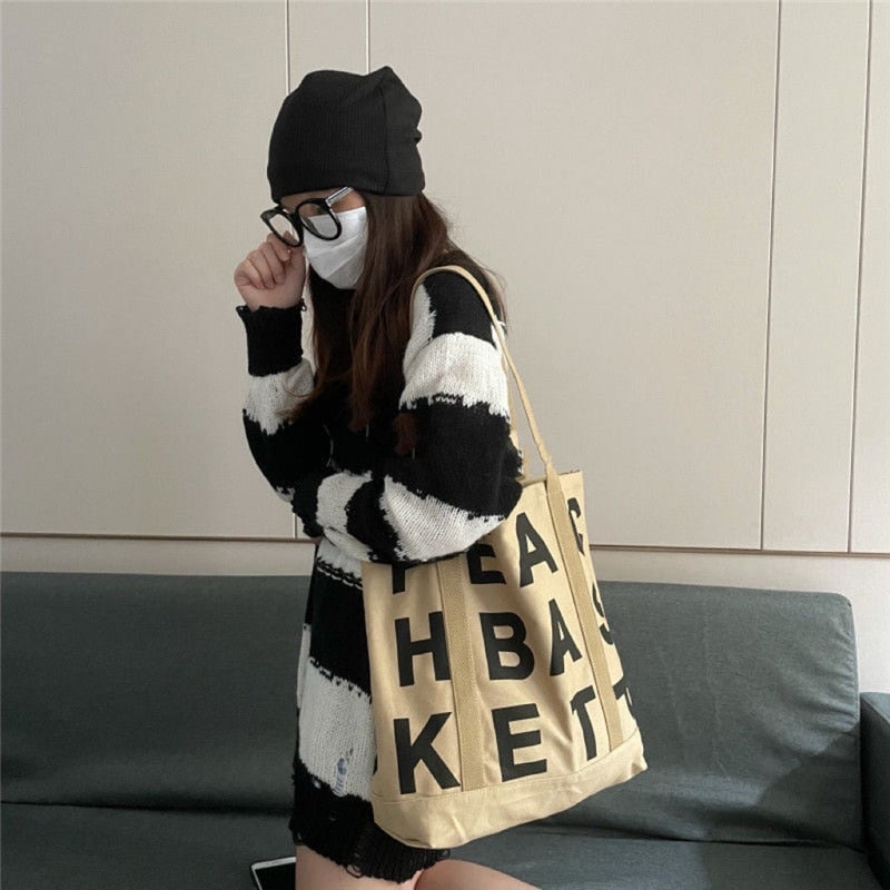 Realaiot Women Canvas Shoulder Bag Letter Printing Ladies Casual Handbag Tote Bag Large Capacity Cotton Reusable Shopping Beach Bag