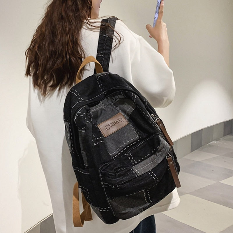 Cyflymder New Women Denim Vintage College Backpack Lady Leisure Retro Trendy Female Patchwork Book Bag Fashion Girl Cute Travel School Bag