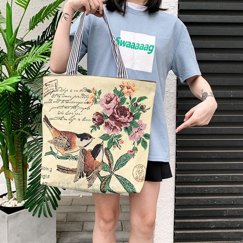 Realaiot Fresh Butterfly Printed Tote Bag For Women Linen Faric Bag Ladies Shoulder Bag Outdoor Casual Tote Foldable Shopping Bag