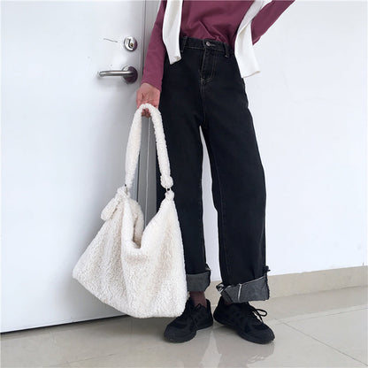 Realaiot Female Bag Soft Plush Aslant Bag Shoulder Bag Large Capacity Artificial Lambs Wool Women Design Casual Large Tote Shopping Sac