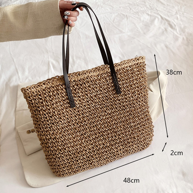 Realaiot Summer Large Capacity Straw Woven Shoulder Bag Hollow Design Beach Bags Travel Casual Lady Shopping Totes Fashion Clutch Handbag