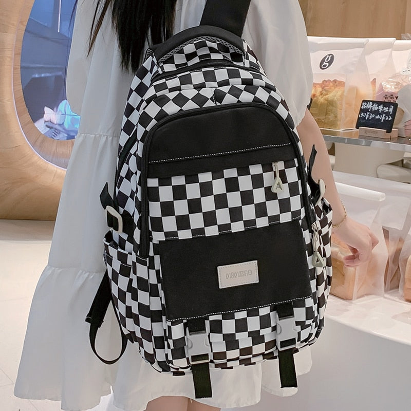 Realaiot Cute Women's Nylon Backpack for Teenagers Girls Plaid School Bag Female Student Travel Rucksack Large Capacity Student Bookbag