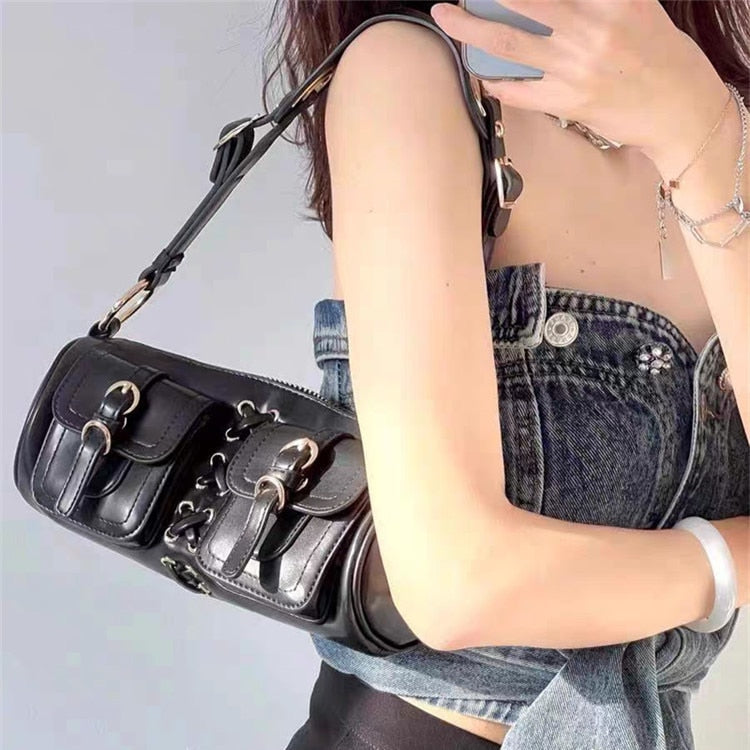 Realaiot Vintage Black Women Cylinder Underarm Bags Double Pocket Design Ladies Shoulder Bag Fashion Female PU Leather Purse Handbags