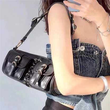 Realaiot Vintage Black Women Cylinder Underarm Bags Double Pocket Design Ladies Shoulder Bag Fashion Female PU Leather Purse Handbags