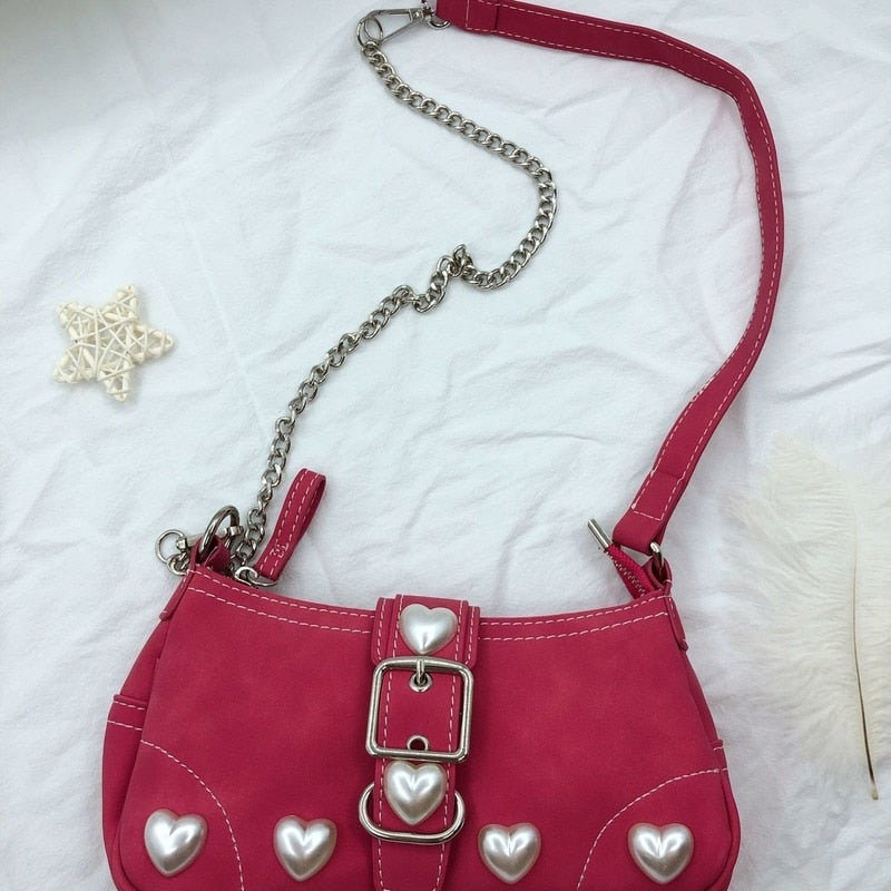 Realaiot Harajuku Vintage Female Shoulder Bag Rose Red Heart Japanese Goth Lolita Bag Female Handbags Mobile Phone Pouch Purse