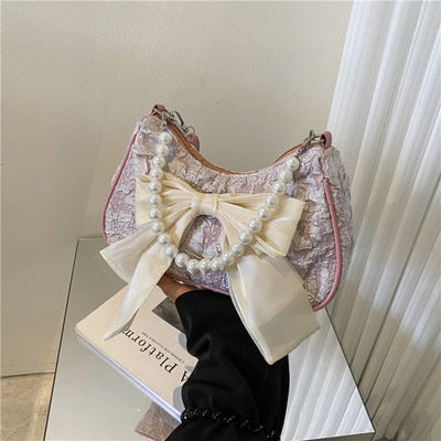 Realaiot Fashion Pearl Chains Design Female Shoulder Messenger Bag Sweet Bow Ladies Crossbody Bags Flower Pattern Women Square Handbags