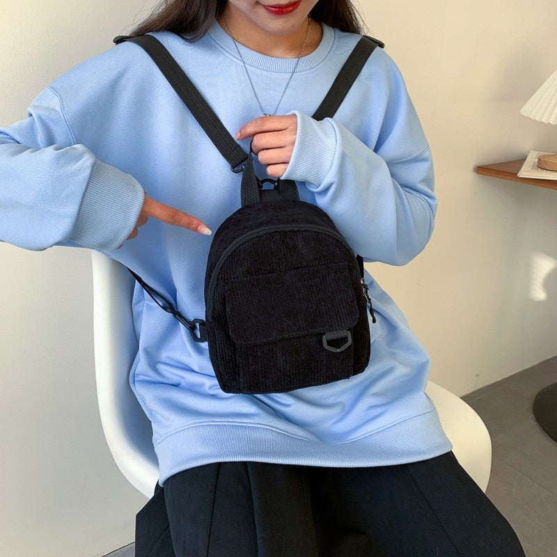 Realaiot Fashion Women Mini Backpack Solid Color Corduroy Small Backpacks Simple Casual Student Bookbags Traveling Backpacks
