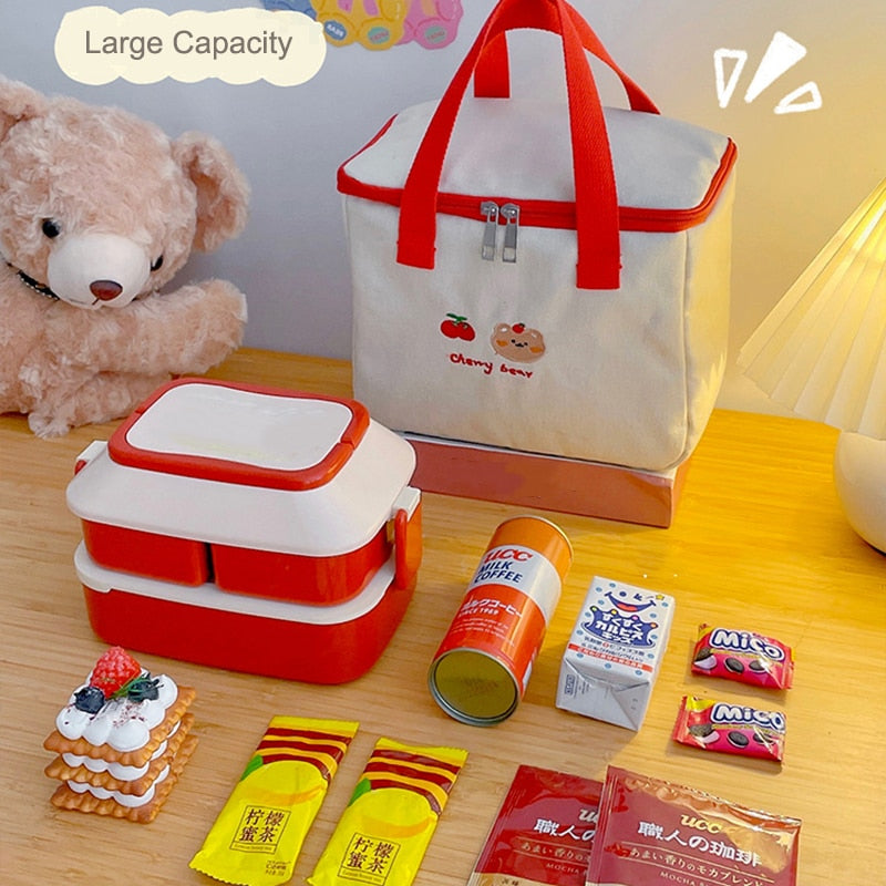 Realaiot Kawaii Bear Lunch Bags For Women Kids Girl Cute Korean Canvas Insulated Portable Picnic Tote Food Storage Bags For Office Lady