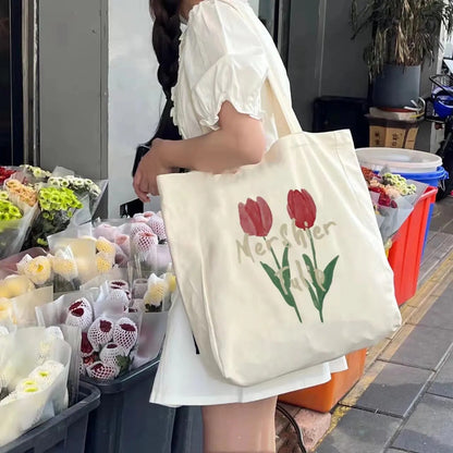 Realaiot Women Canvas Large Capacity Cotton Reusable Shoulder Bag Tulips Printing Ladies Casual Handbag Tote Bag Shopping Beach Bag