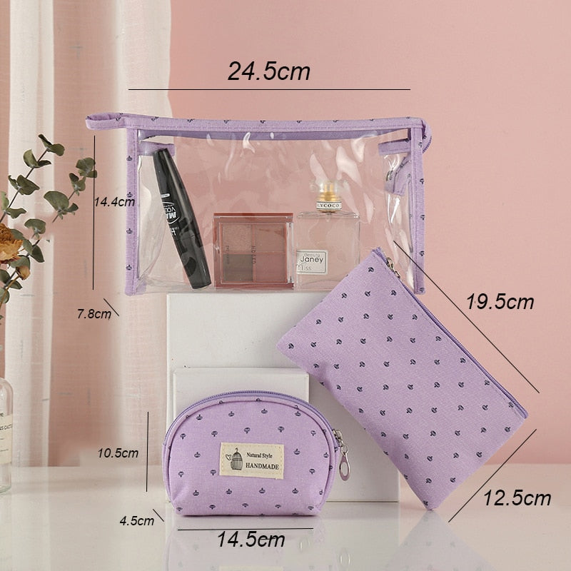 Realaiot 3 Set Casual Women Travel Cosmetic Bag PVC Leather Zipper Make Up Transparent  Makeup Case Organizer Storage Pouch Toiletry Bags