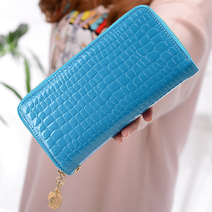 Realaiot Female Long Purse Fashion Bright Lacquered Coin Handbag Solid Color Double Zipper Larger Capacity Card Stone Pattern Long Wallet