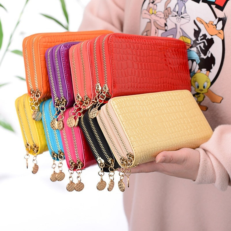 Realaiot Female Long Purse Fashion Bright Lacquered Coin Handbag Solid Color Double Zipper Larger Capacity Card Stone Pattern Long Wallet