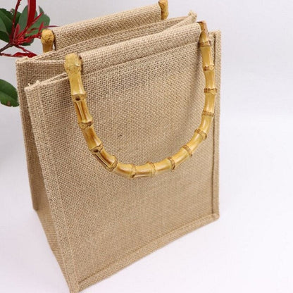 Cyflymder Portable Burlap Jute Shopping Bag Handbag Bamboo Loop Handles Tote Retro DIY Bag Handbag Women Big Size Beach Bag For Girls