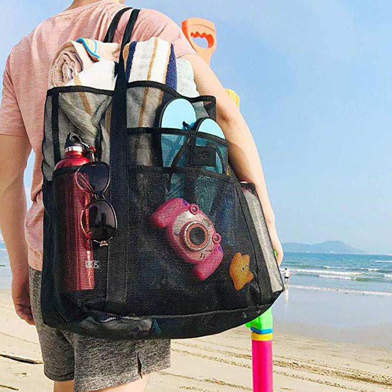 Realaiot 8 Pockets Summer Large Beach Bag For Towels Mesh Durable Beach Bag For Toys Waterproof Underwear Pocket Beach Tote Bag