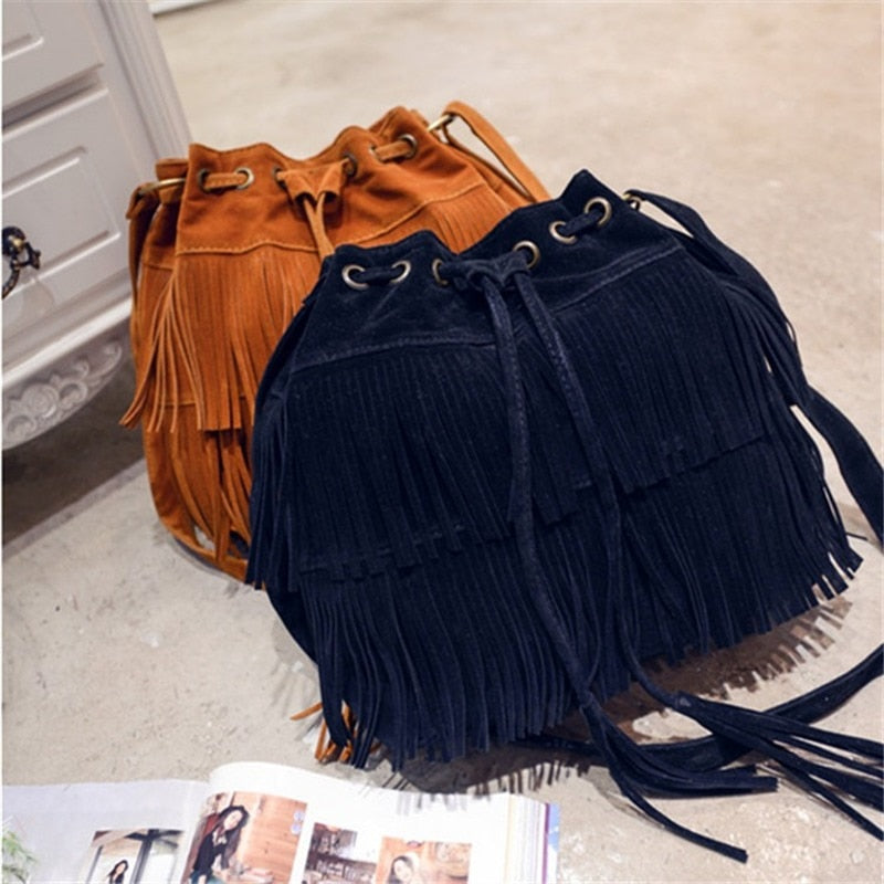 Realaiot Fashion Retro Faux Suede Fringe Women Messenger Bags Tote New Handbag Tassel Shoulder Handbags Crossbody Bag Tassel Bucket