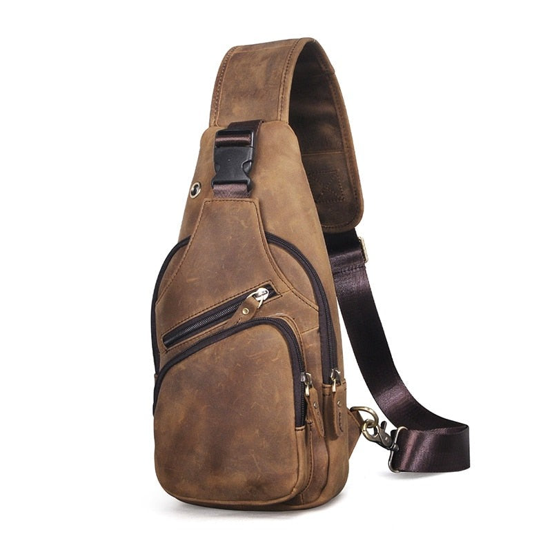 Realaiot Top Quality Crazy horse Leather Triangle Crossbody Chest Sling Bag For Men Design Travel One Shoulder Bag Daypack Male