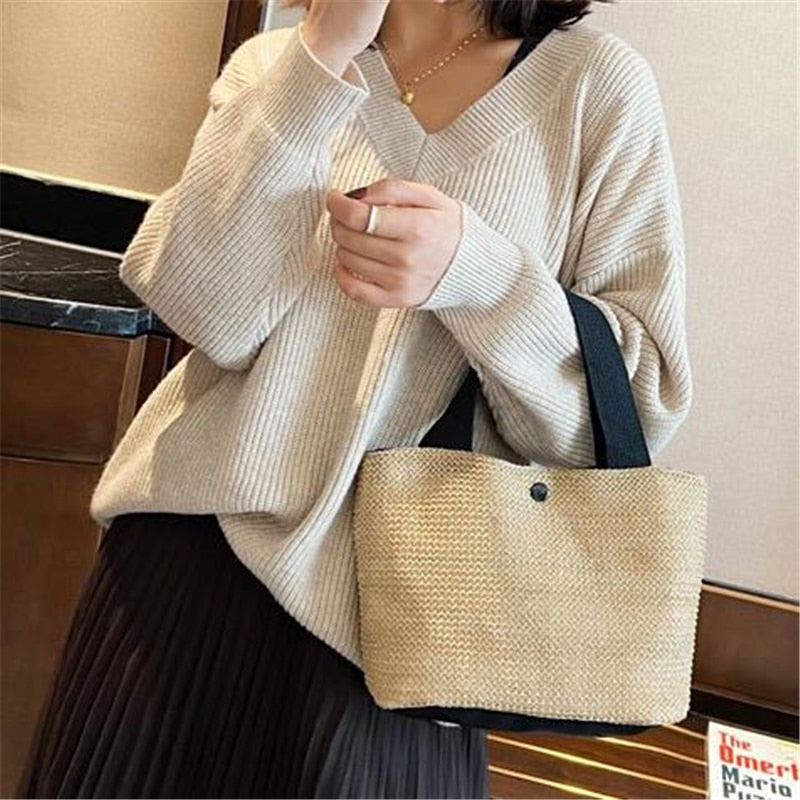 Realaiot Elegant Ladies Straw Woven Handbag Women Holiday Beach Casual Tote Top-Handle Bags Fashion Retro Shoulder Bags