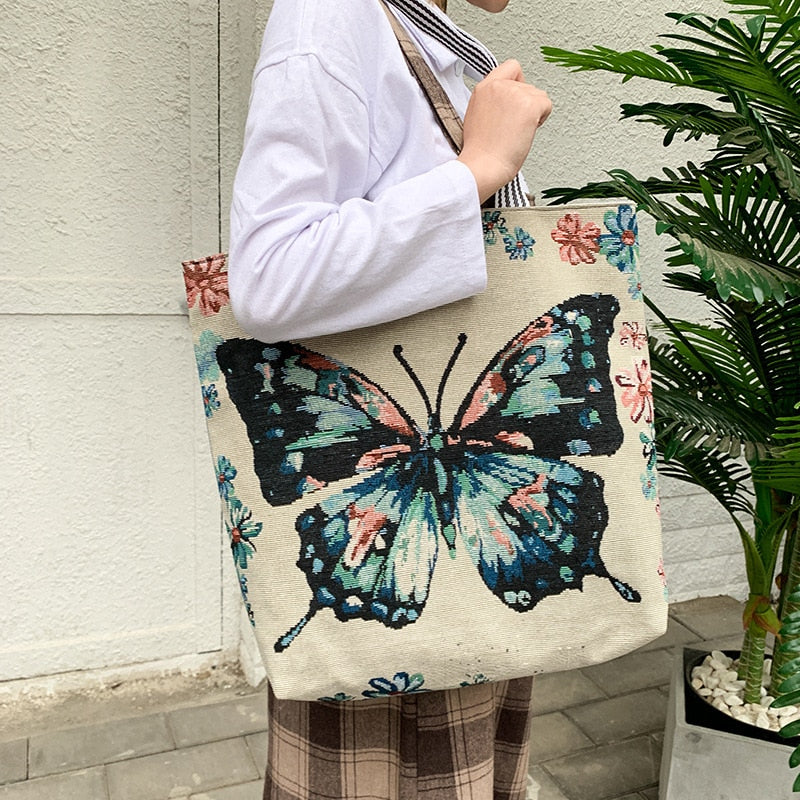 Realaiot Fresh Butterfly Printed Tote Bag For Women Linen Faric Bag Ladies Shoulder Bag Outdoor Casual Tote Foldable Shopping Bag