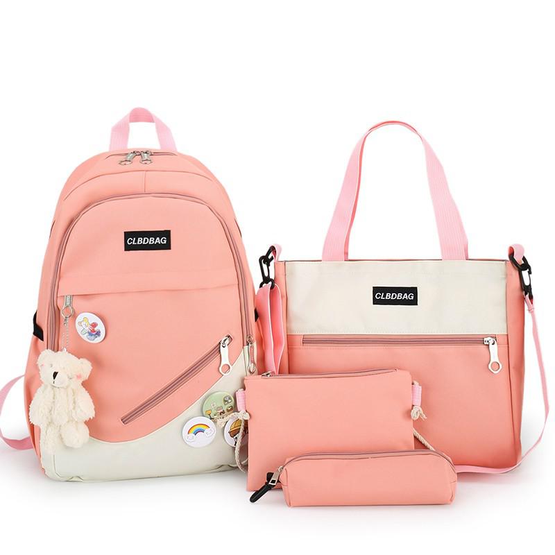 Realaiot 4 Pcs Sets Canvas Schoolbags For Teenager Girls Women Backpack Contrast Color Kawaii Women Laptop Backpack Student Kids Rucksack